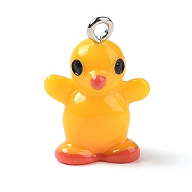 Opaque Resin Pendants, 3D Duck Charms with Platinum Plated Iron Loops
