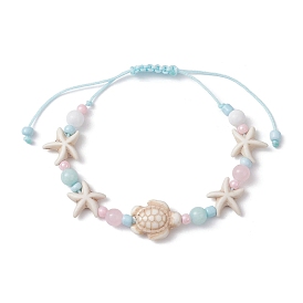 Bracelet en jade naturel de Malaisie teint en étoile de mer et tortue et bracelet en perles tressées turquoise synthétique, bracelet réglable en cordon de nylon sur le thème de l'océan