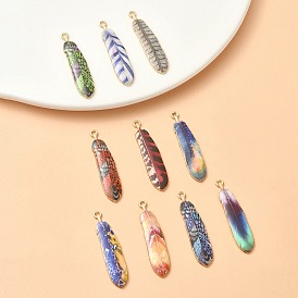 10Pcs 10 Style Rack Plating Alloy Pendants, Printed, Lead Free & Cadmium Free & Nickel Free, Feather Charm, Light Gold