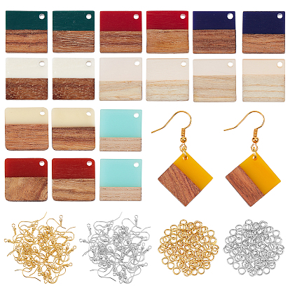 Kits de fabrication de boucles d'oreilles bricolage, y compris les pendentifs en résine et en bois, crochets et anneaux de saut en laiton, losange
