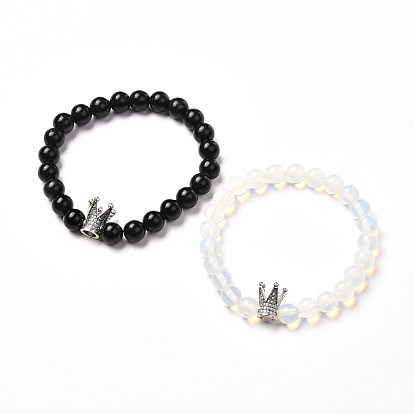 Natural Obsidian & Opalite Stretch Bracelets Sets for Men Women, Alloy Crown Bracelets