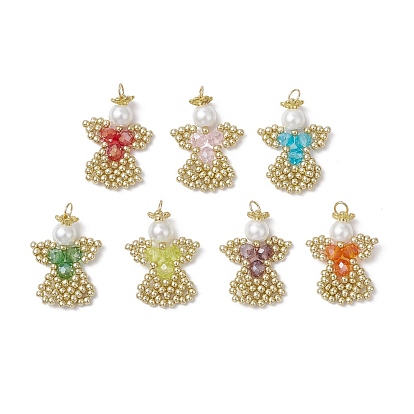 7шт 7цвета стеклянные бисерные подвески-ангелы, с круглой стеклянной жемчужиной и 304 соединительными кольцами из нержавеющей стали