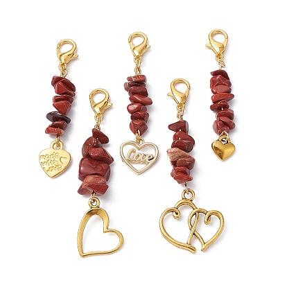 Valentine's Day Natural Red Jasper Chip Pendant Decorations, with Heart Alloy Pendant and Lobster Claw Clasps