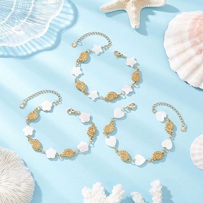 3 шт. 3 стили натуральных пресноводных ракушек и 304 браслеты-подвески из нержавеющей стали для женщин, форма ракушки, сердца, цветка и звезды