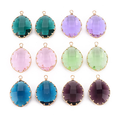 Glass Pendants, with Golden Tone Brass Findings, Imitation Jade, Faceted, Oval