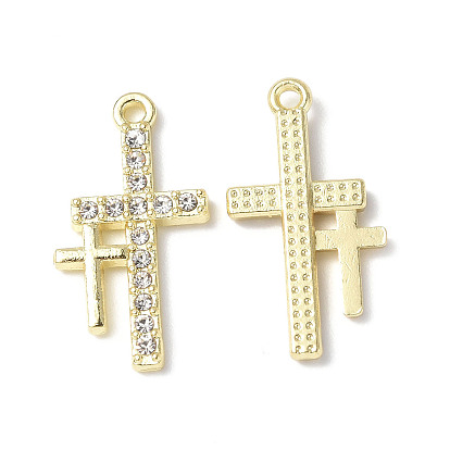 Rack Plating Alloy Rhinestone Pendants, Lead Free & Cadmium Free & Nickel Free, Double Cross Charms, Light Gold