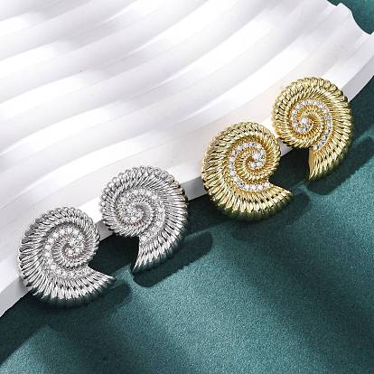 Серьги-гвоздики из латуни с микропаве из прозрачных кубических цирконий в форме ракушки, формы раковины, без кадмия и без свинца, стойки покрытие, долговечный