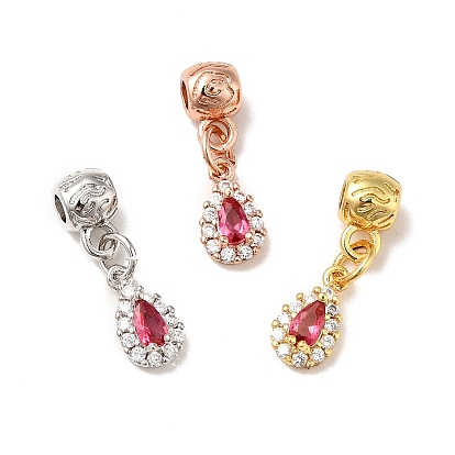 Rack Plating Brass Micro Pave Cerise Cubic Zirconia Pendants, Long-Lasting Plated, Cadmium Free & Lead Free, Teardrop