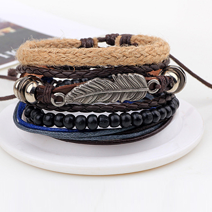 Adjustable Leaf Alloy Braided Leather Cord Wooden Beaded Multi-strand Bracelets, Stackable Bracelets, 4 Strands/set, 60mm