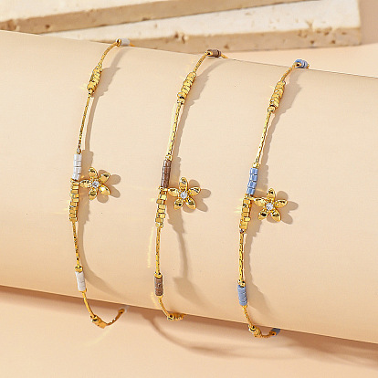 Браслет на лодыжку из нержавеющей стали и стекла с подвеской в виде цветка, инкрустированной прозрачными кубическими циркониями 304