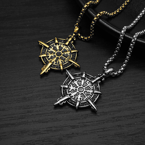 Vintage 304 Stainless Steel Viking Compass Pendant Necklaces for Men