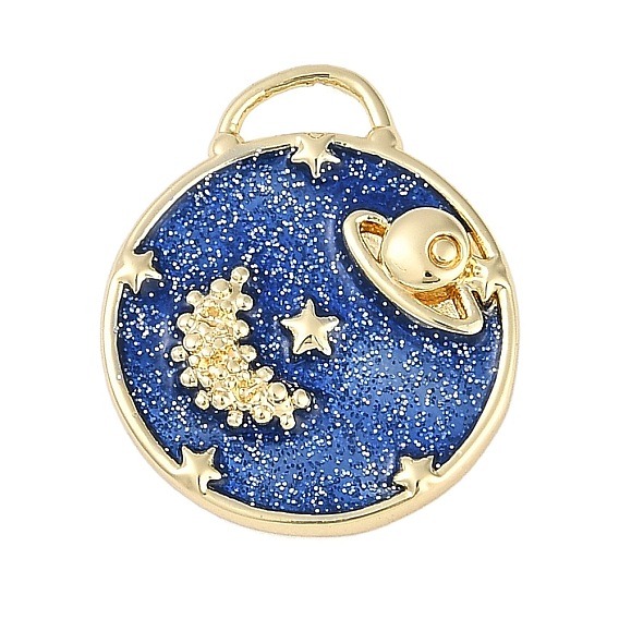 Латунь эмаль подвески, без кадмия, без никеля и без свинца, с блестками, реальный 18 k позолоченный, плоский круг с подвеской в виде планеты