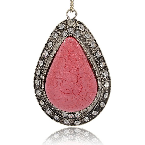 Tibetan Style Alloy Resin Big Big Pendants, with Rhinestone, Drop, Antique Silver, 72x47.5x11mm, Hole: 4mm