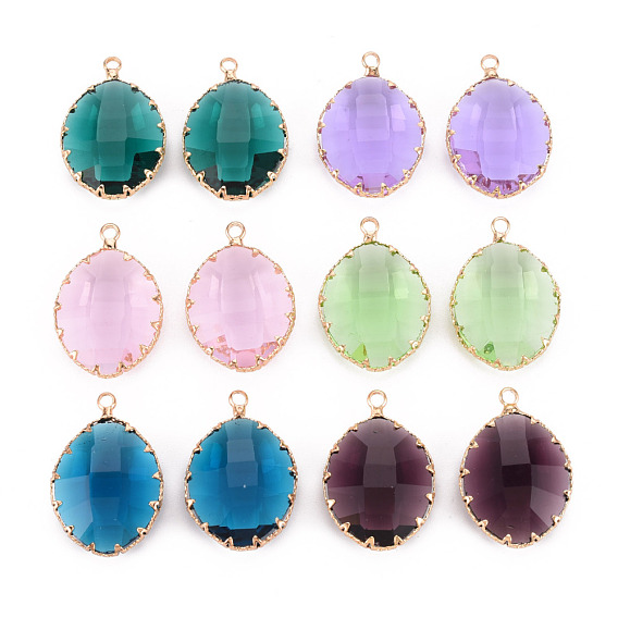 Glass Pendants, with Golden Tone Brass Findings, Imitation Jade, Faceted, Oval