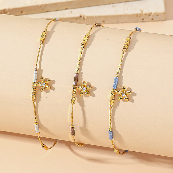 Браслет на лодыжку из нержавеющей стали и стекла с подвеской в виде цветка, инкрустированной прозрачными кубическими циркониями 304