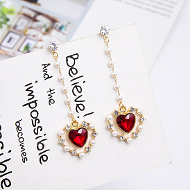 Fashion Love Pearl Earrings Temperament Tassel Peach Heart Pendant Earrings Simple Elegance Diamond Stud Earrings