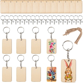 DIY Sublimation Printing Wood Charm Keychain Making Finding Kits, Including Rectangle Undyed Wood Pendants, Jute Ropes, Jump Rings and Keychain Clasps