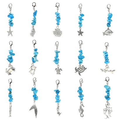 30 шт 15 стили океан тема сплав подвеска украшение, с синтетической бирюзовой крошкой и застежками-лобстерами из сплава, разнообразные