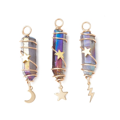 3 шт. 3 стили гальванизированные подвески из натурального кварцевого кристалла с заостренными концами из медной проволоки, с латунью и 304 нержавеющей сталью звезда молния луна, золотые