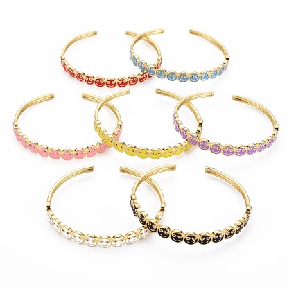 Smiling Face Enamel Cuff Bangle, Real 18K Gold Plated Brass Thin Open Bangle for Women, Nickel Free