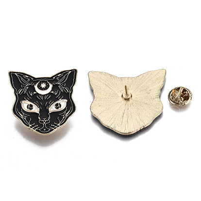 Alloy Brooches, Enamel Pin, with Brass Butterfly Clutches, Cat Shape, Light Gold