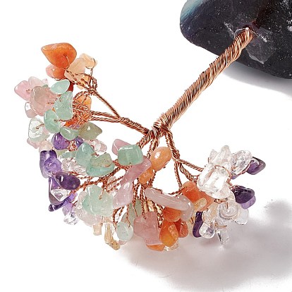 Natural Gemstone Tree Display Decoration, Reiki Spiritual Energy Tree, Raw Fluorite Base Feng Shui Ornament for Wealth, Luck, Rose Gold Brass Wires Wrapped
