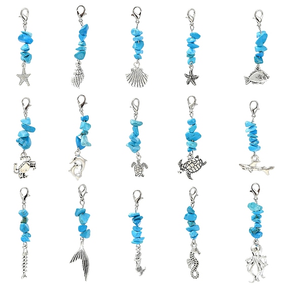 30 шт 15 стили океан тема сплав подвеска украшение, с синтетической бирюзовой крошкой и застежками-лобстерами из сплава, разнообразные