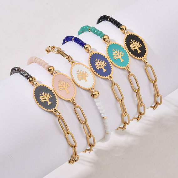 Fashionable tree of life stainless steel bracelet for women non-fading faceted crystal bracelet