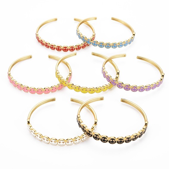 Smiling Face Enamel Cuff Bangle, Real 18K Gold Plated Brass Thin Open Bangle for Women, Nickel Free