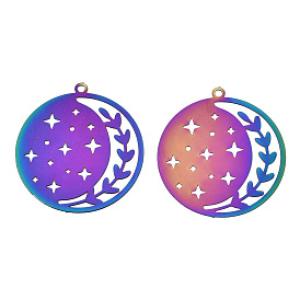 Ion Plating(IP) 201 Stainless Steel Filigree Pendants, Etched Metal Embellishments, Flat Round with Star