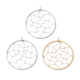 3Pcs 3 Colors Copper Wired Pendants, Flat Round with Spider Web