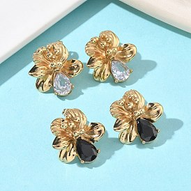 День святого Валентина 304 Серьги-гвоздики из нержавеющей стали с кубическим цирконием для женщин, цветок с каплей, ионное покрытие (ip), реальный 18 k позолоченный