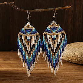 Bohemian Style Blue and White Geometric Glass Bead Tassel Earrings