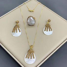 Natural Shell 3-Piece Set: Elegant European Style with Czech Rhinestone Inlay, High-end and Durable Jewelry