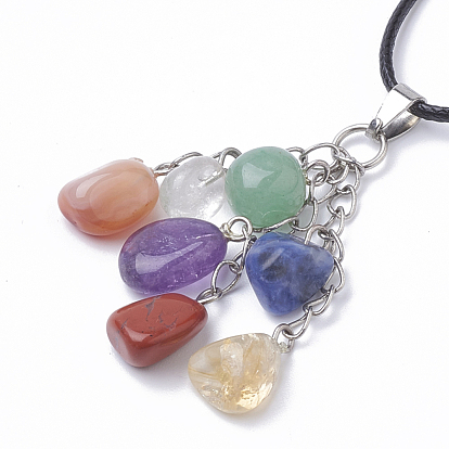 Natural & Synthetic Mixed Stone Pendant Necklaces, with Leather Cord and Iron End Chain, Chakra Jewelry