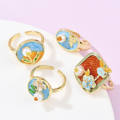 Латунные эмалевые цветочные манжеты, с абс-пластиком, имитирующим жемчуг и блестящей пудрой, реальный 18 k позолоченный, стойки покрытие, долговечный, без кадмия и без свинца