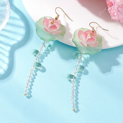 Латунные серьги-подвески в виде цветка лотоса, со стеклянными бусинами, акрилом и круглыми жемчужинами из ракушек.