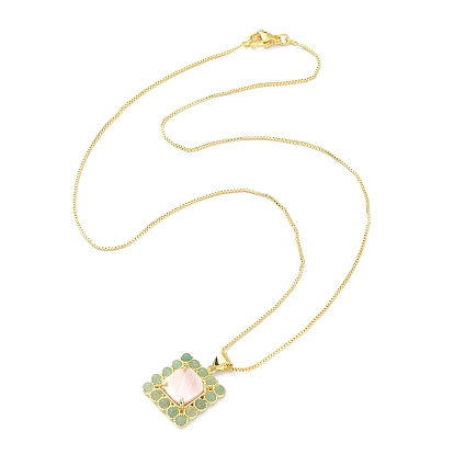 Natural Mixed Gemstone & Shell Rectangle Pendant Necklace, Real 18K Gold Plated Brass Jewelry