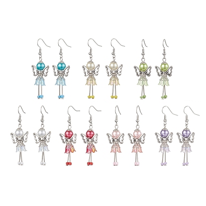 Perle de verre ange et boucles d'oreilles pendantes en acier inoxydable pour femmes