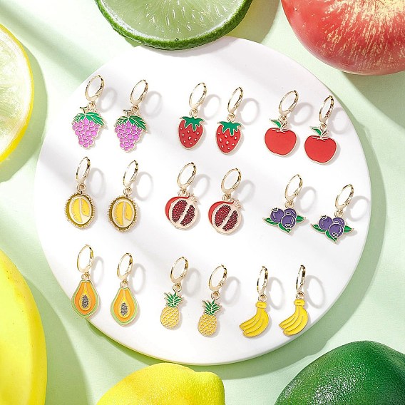 9 пары 9 стили серьги с подвесками на английском замке с эмалью, бананом, клубникой и виноградом, разноцветные