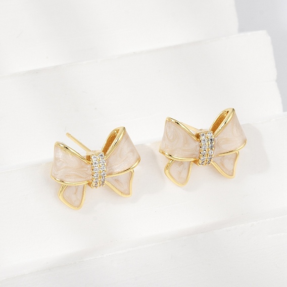 Серьги-гвоздики из латунного микро-паве, с эмалью, без свинца и без кадмия, долговечный, бантом