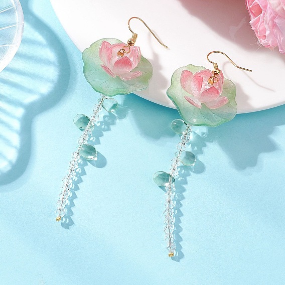 Латунные серьги-подвески в виде цветка лотоса, со стеклянными бусинами, акрилом и круглыми жемчужинами из ракушек.