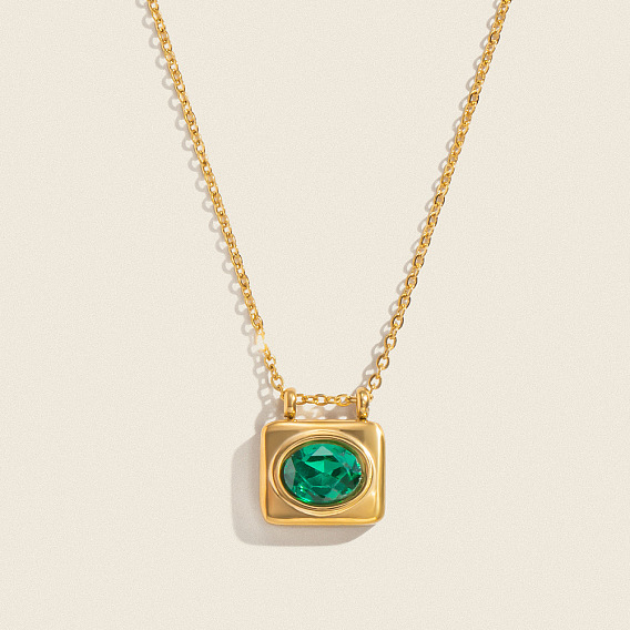 304 Прямоугольное ожерелье из нержавеющей стали с подвесками в виде прямоугольников и овальных камней., реальный 18 k позолоченный