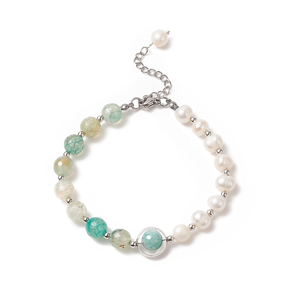 Natural Fire Crackle Agate & Pearl Beaded Bracelet for Women