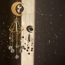 Metal Moon Hanging Ornaments, Rainbow Maker, Round Glass Tassel Suncatchers for Home Garden Decoration