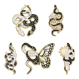 Dark Gothic Style Creative Snake with Butterfly/Flower/Sun Brooch, Alloy Enamel Pin, Clothing Accessory