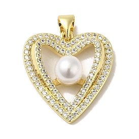 Rack Plating Brass Micro Pave Cubic Zirconia Pendants, with Glass Pearl Beads, Cadmium Free & Lead Free, Long-Lasting Plated, Heart