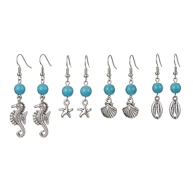 Synthetic Turquoise Beaded Dangle Earrings, Tibetan Style Alloy Ocean Theme Earrings, Mixed Shape