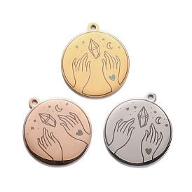 304 Stainless Steel Pendants, Flat Round with Hand & Diamond