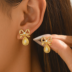 Brass Micro Pave Cubic Zirconia Stud Dangle Earrings for Women, Bowknot with Teardrop